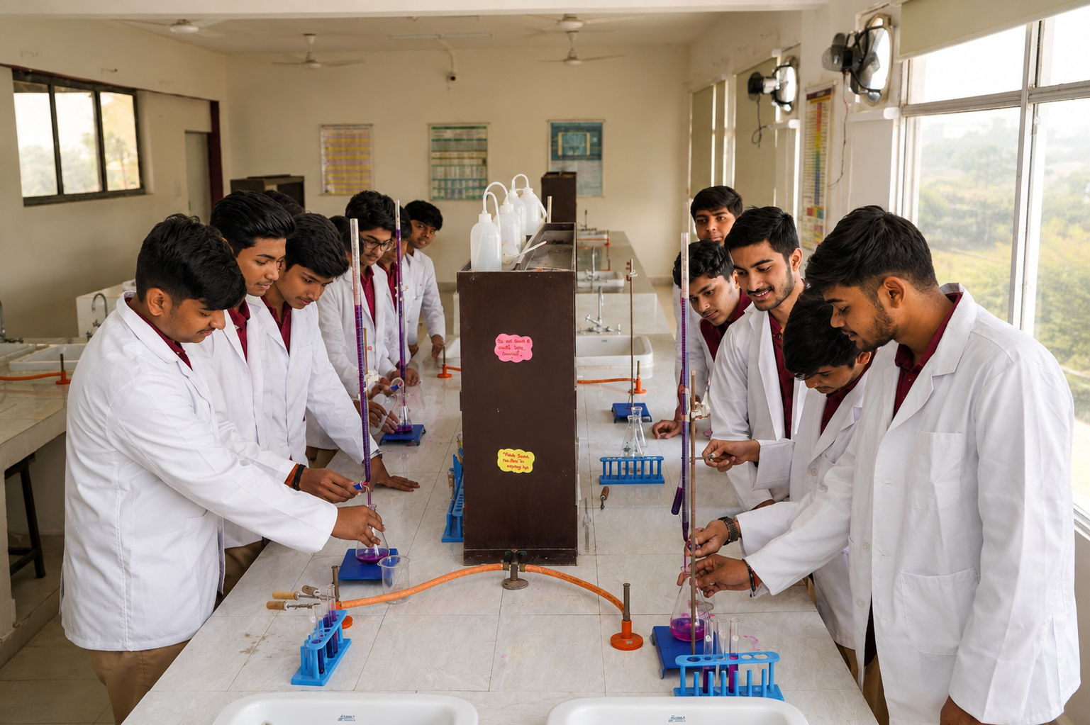 Senior students performing titrations in the chemistry laboratory — Ayodhya Road campus, VEDAM World School