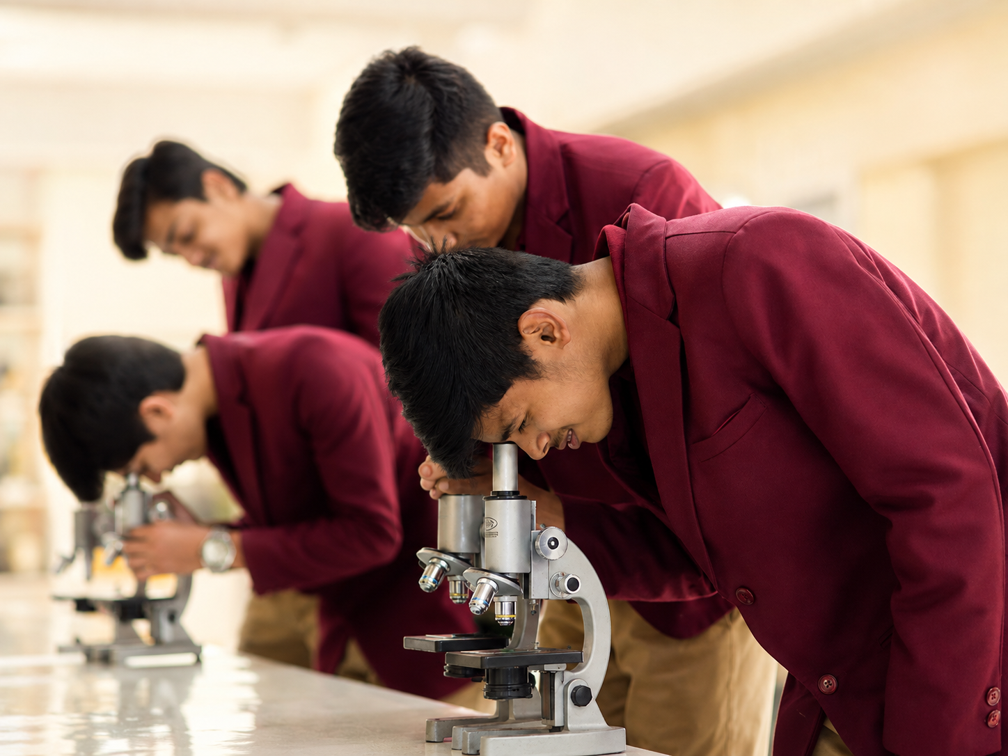 Students observing slides through microscopes — Ayodhya Road campus, VEDAM World School