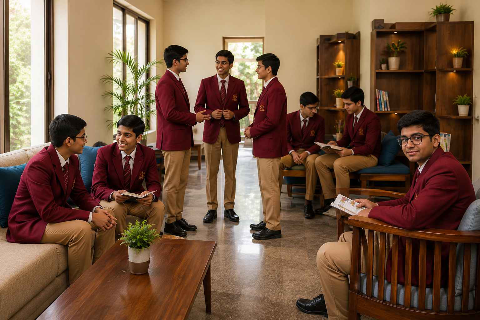 Students reading and chatting in the boarding common lounge — VEDAM World School