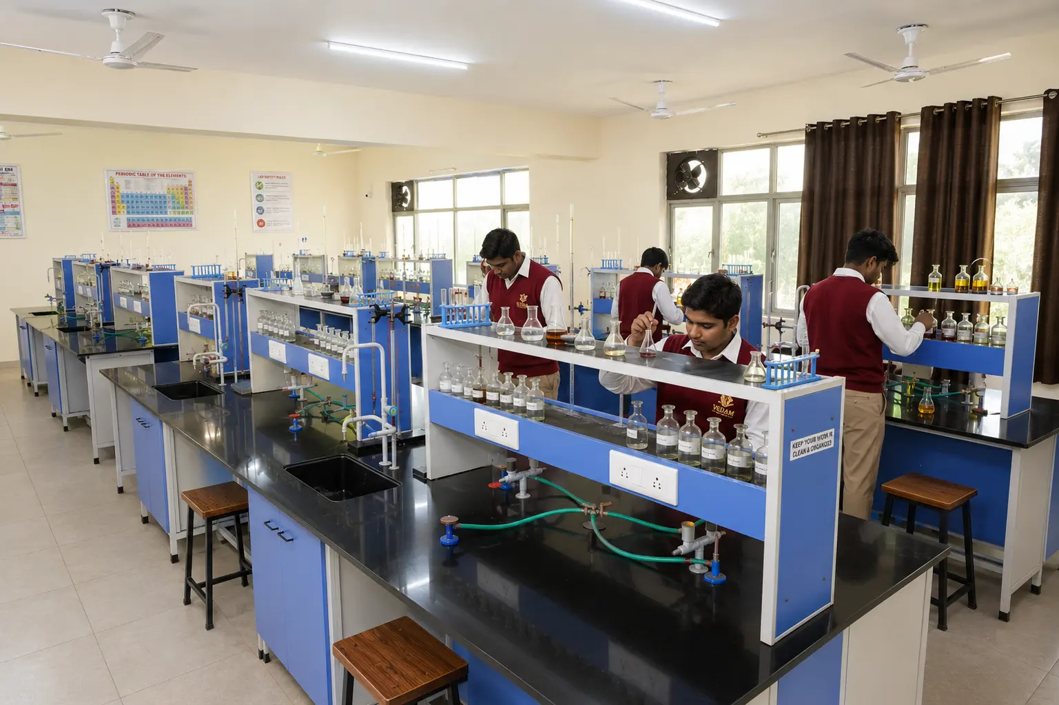 Senior students at work in the chemistry laboratory — Sitapur Road campus, VEDAM World School