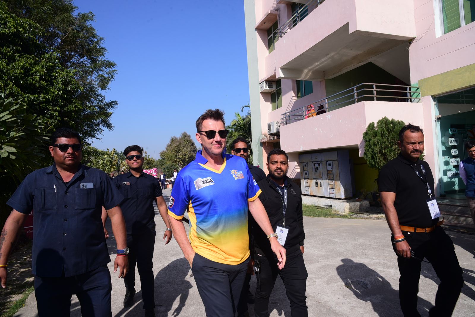 Brett Lee arriving on the Vedam field in a Vedam jersey