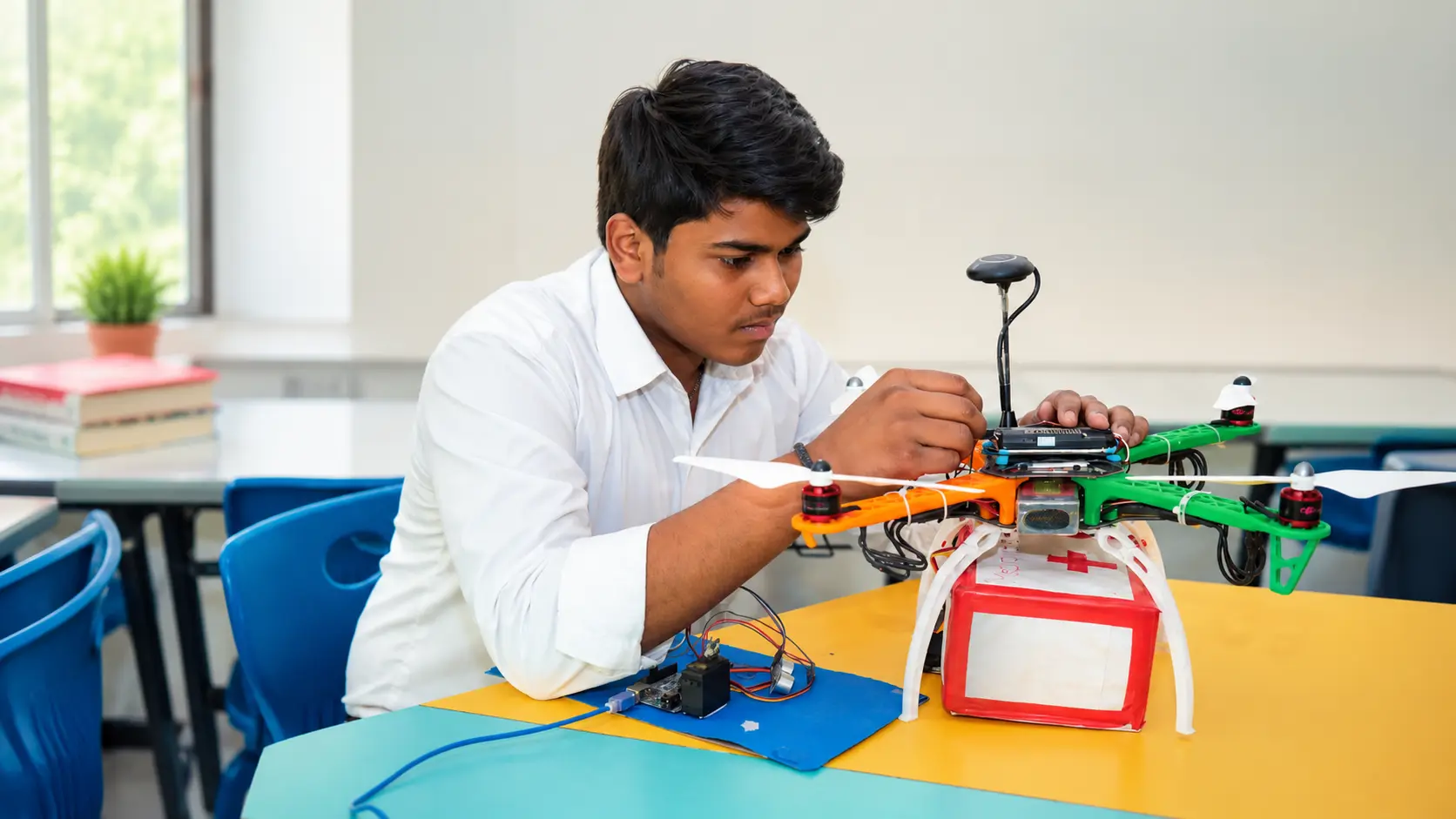 Senior student assembling a payload drone — Sitapur Road campus, VEDAM World School