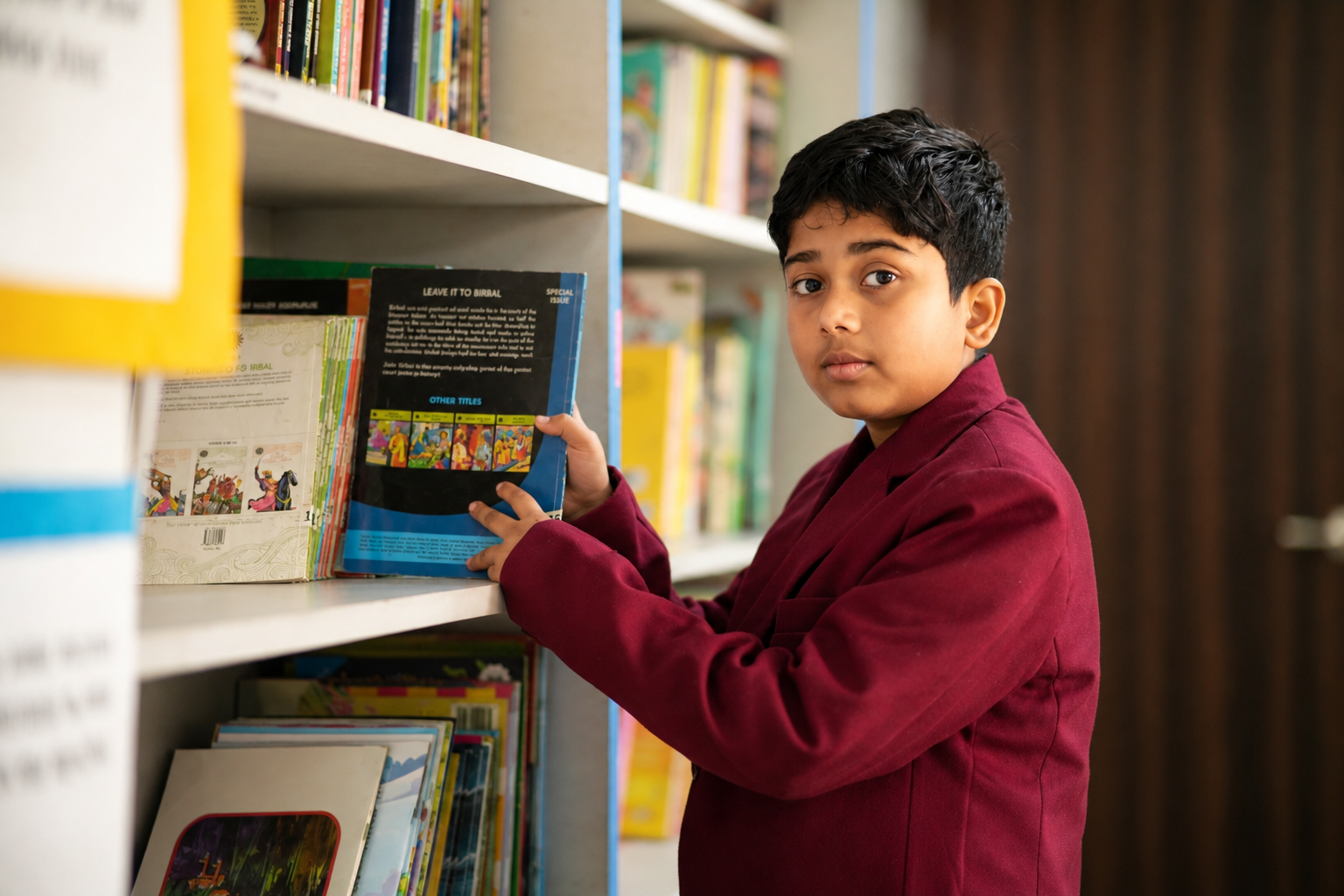 Student choosing a book from the library shelves — Ayodhya Road campus, VEDAM World School