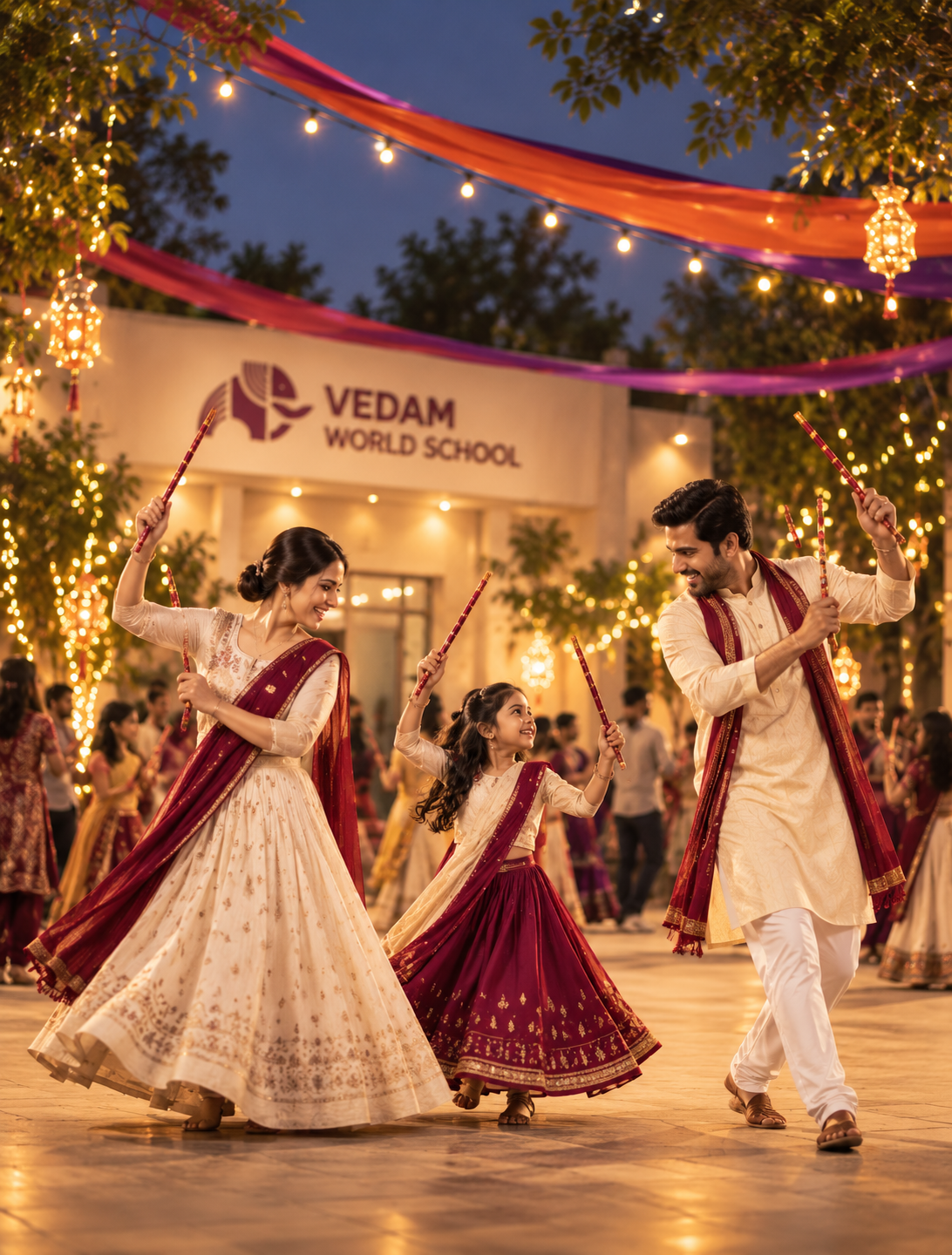 A family dancing dandiya together outside Vedam World School at dusk