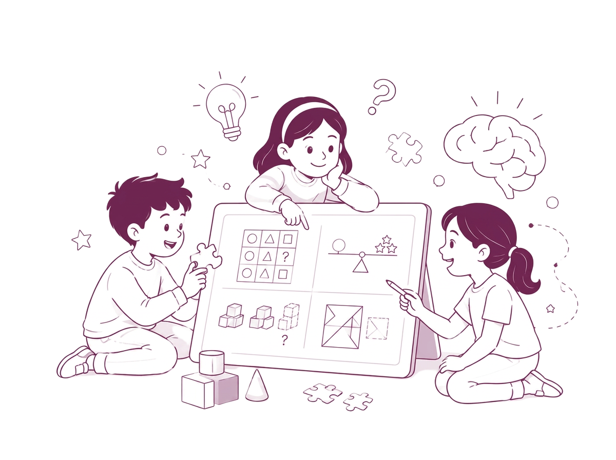 Illustration of three children solving IQ puzzles on a board