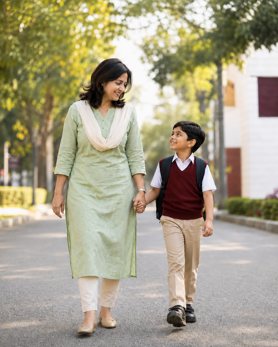 A Vedam mother walking her child to school