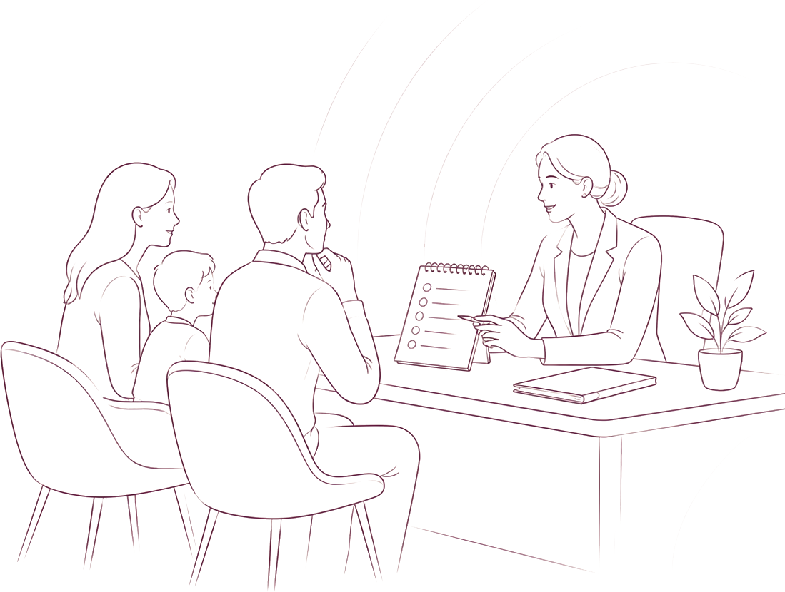 Line illustration of a family being counseled by an education advisor