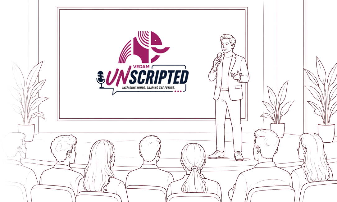 Illustration of a Vedam Unscripted speaker on stage with the Unscripted logo and TEDx wordmark on the screen behind