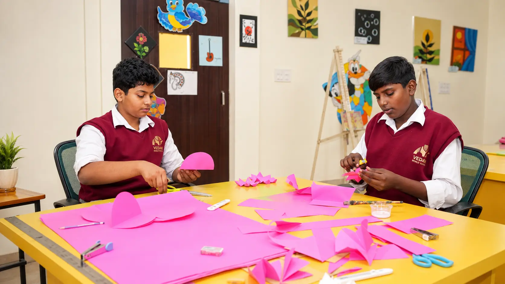 Students making paper craft in the art and craft room — Sitapur Road campus, VEDAM World School
