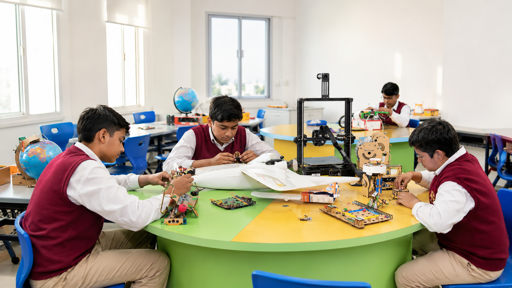 Students building robotics and 3D-printed models in the Atal Tinkering Lab — Sitapur Road campus, VEDAM World School