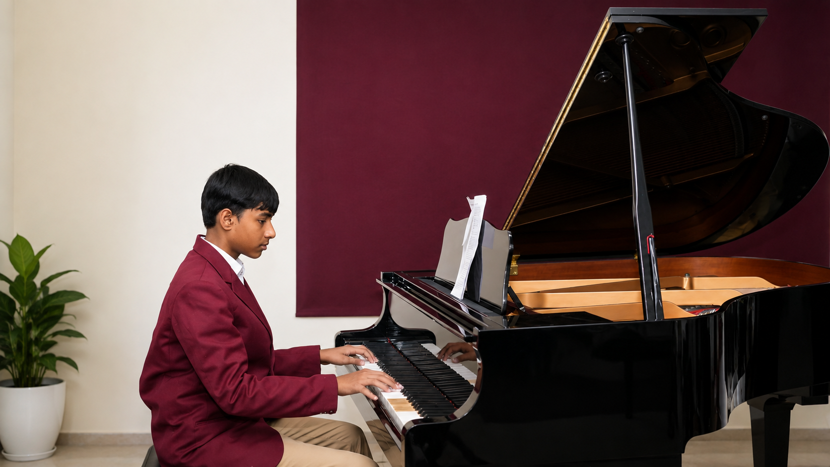 Student practising on the grand piano in the music room — Sitapur Road campus, VEDAM World School