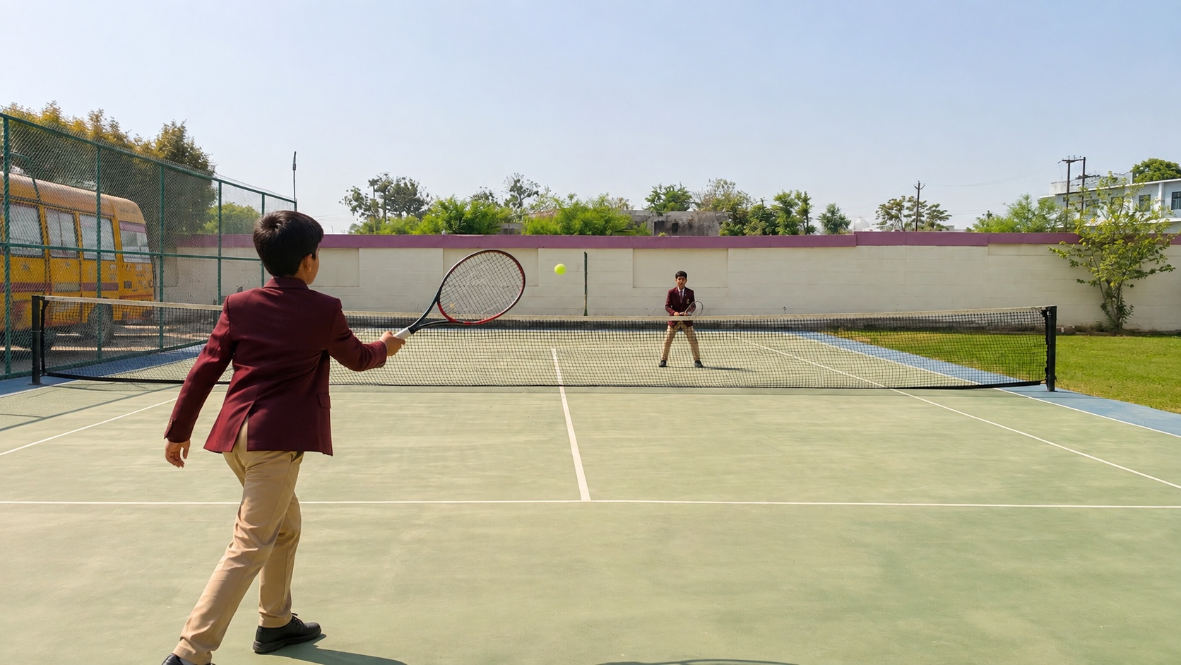 Students playing tennis on the campus court — Ayodhya Road campus, VEDAM World School