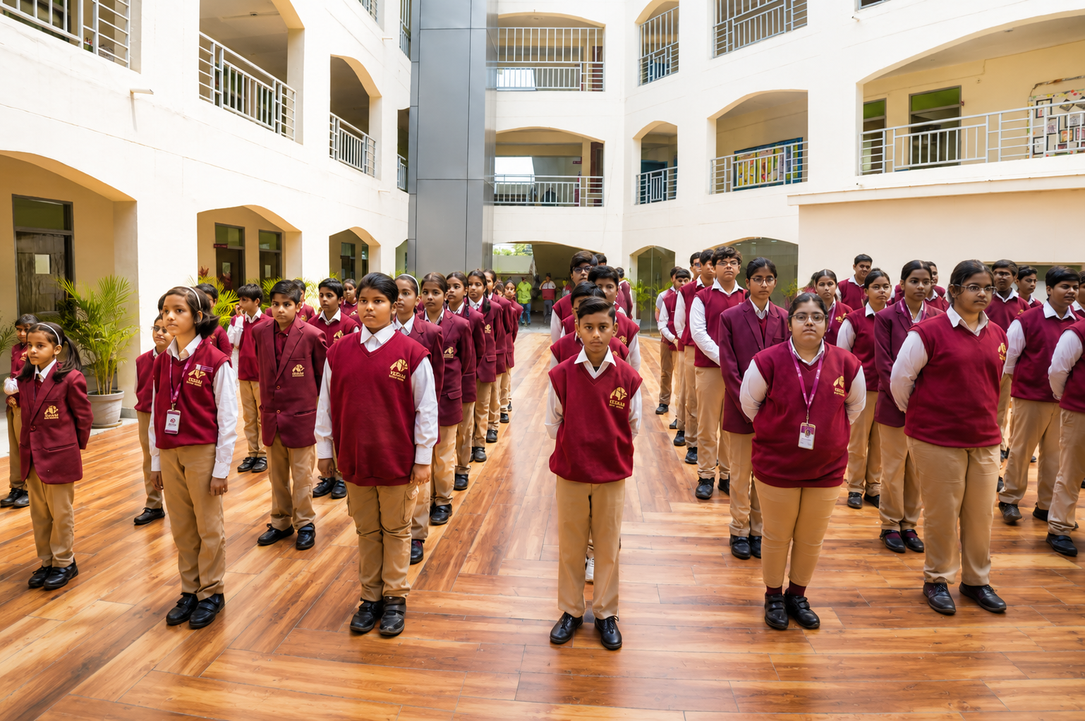Students lined up in the atrium for morning assembly — Sitapur Road campus, VEDAM World School