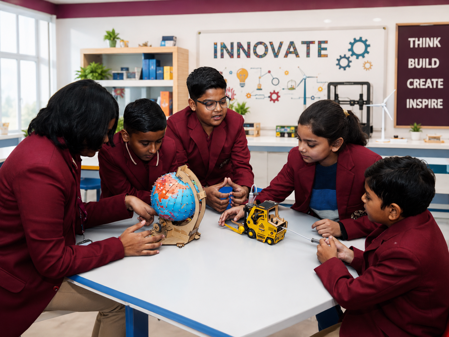 Students building working models in the innovation lab — Ayodhya Road campus, VEDAM World School
